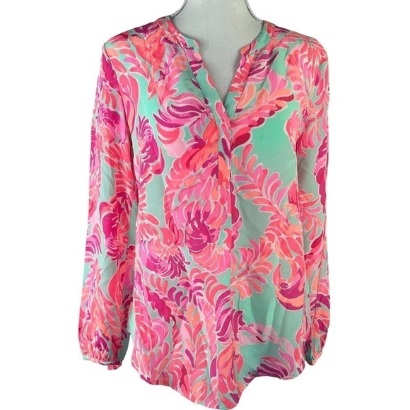 Lilly Pulitzer Stacy Blouse Top XS Silk Mint Green Pink Floral Pop Over - Picture 1 of 13